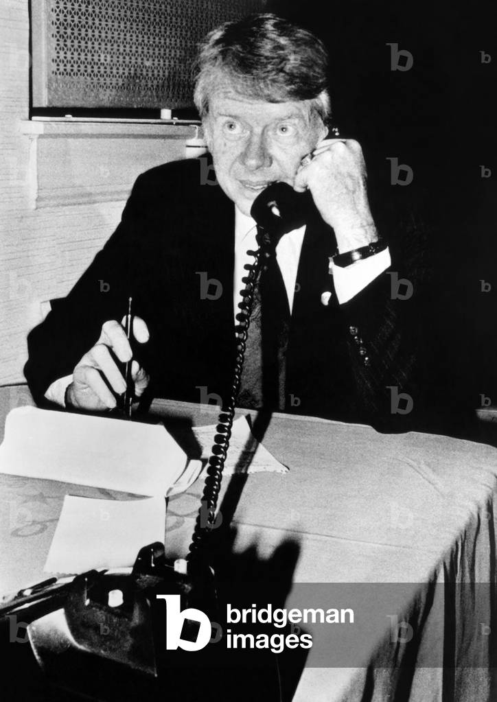 Georgia Governor Jimmy Carter, talking on the telephone during his Democratic Primary campaign. April 12, 1976