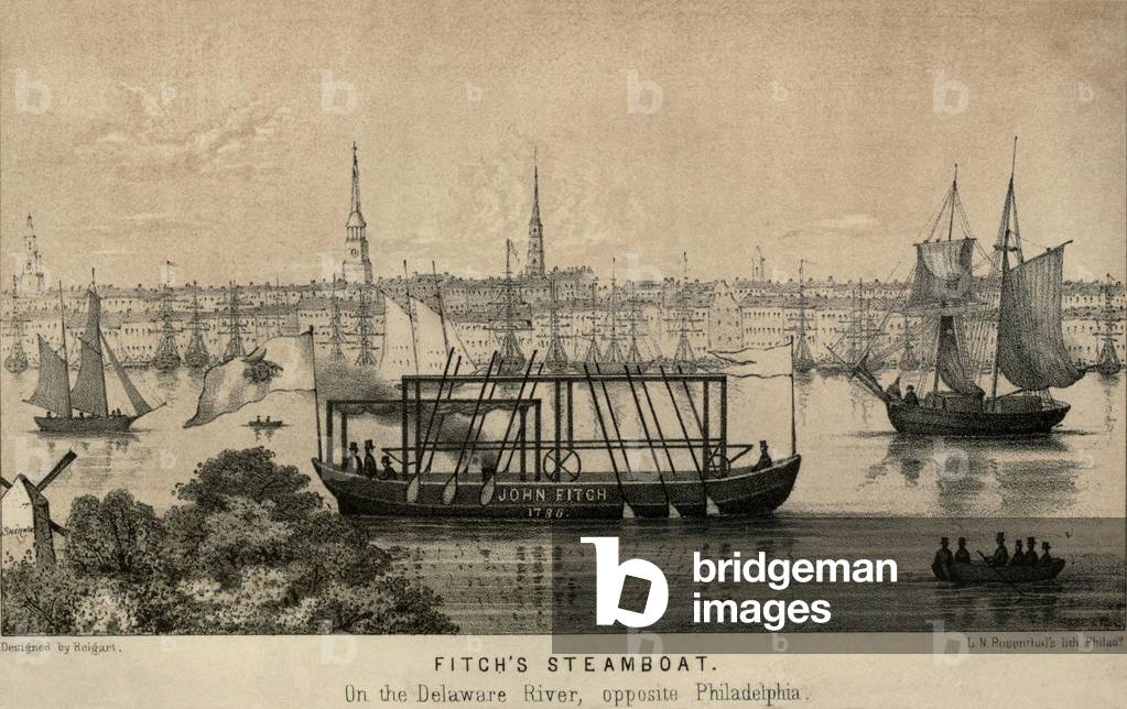 John Fitch's steamboat on the Delaware River at Philadelphia was the first operation steam powered ship. 1787. lifeofrobertfult00reigrich_0215