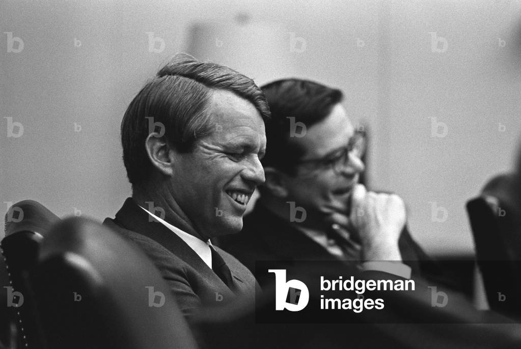 Sen. Robert Kennedy and Ted Sorenson during a 90 minute 'Unity' meeting with President Johnson. They met to discuss the 1968 presidential campaign, shortly after LBJ withdrew and Kennedy entered the race. April 3, 1968