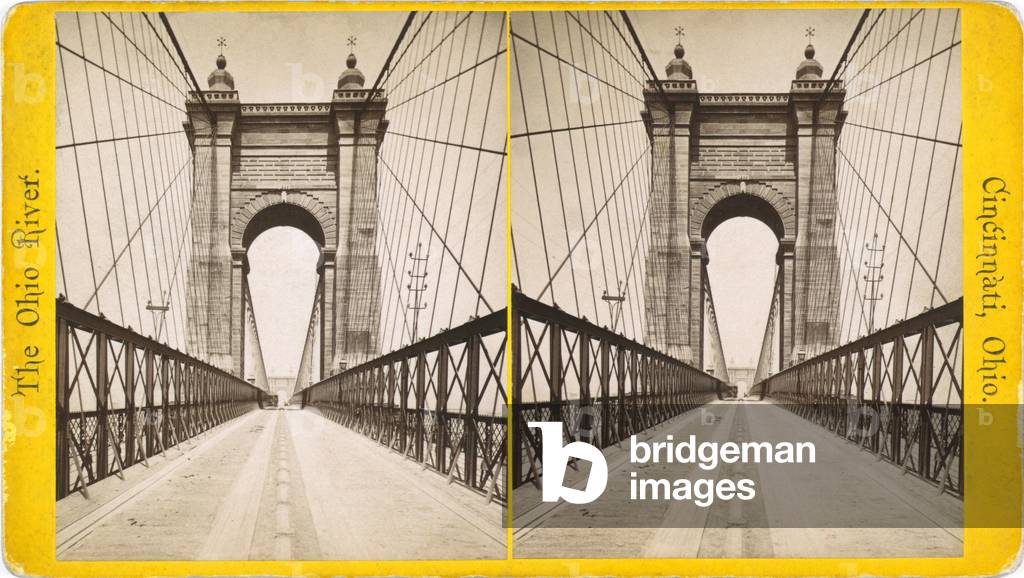 Suspension bridge spanning the Ohio River at Cincinnati was engineered and built by John A. Roebling. When it opened in 1866 it was the World's longest bridge. LC-DIG-ppmsca-08780