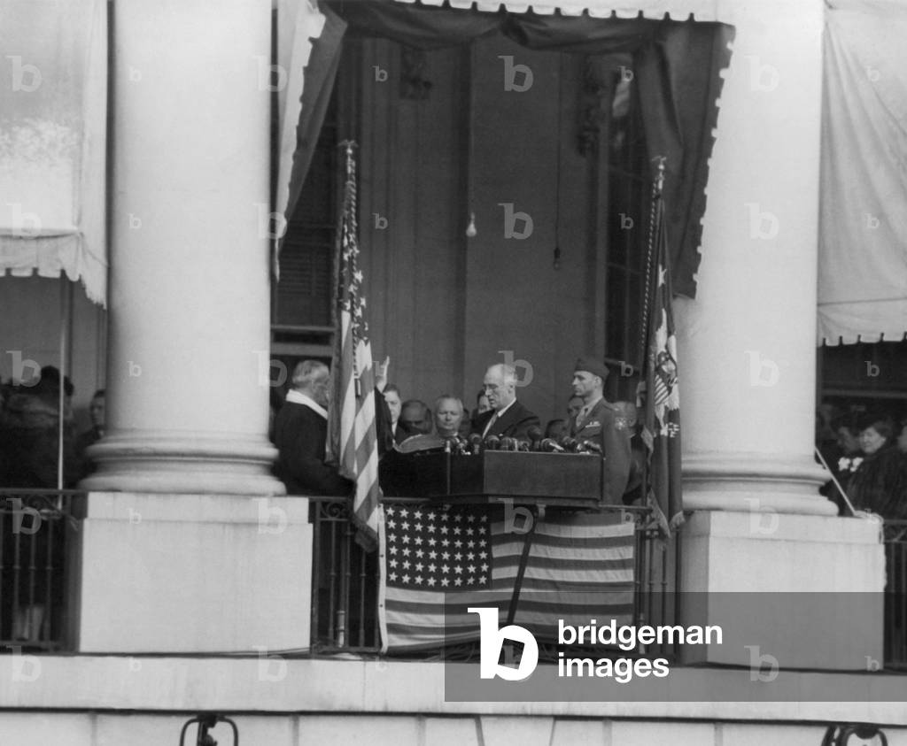 President Franklin Roosevelt at his fourth Inauguration. Jan. 20, 1945. It took place on the balcony of the White House instead of the Capitol