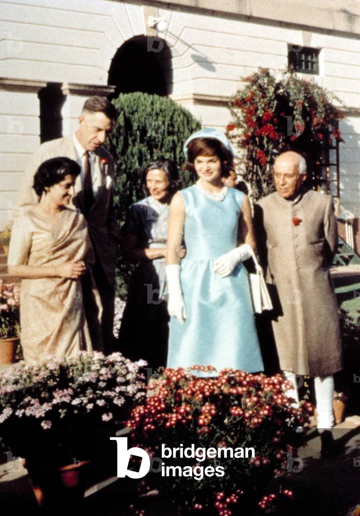Indira Gandhi, Ambassador & Mrs. John Kenneth Galbraith, Jacqueline Kennedy & Prime Minister Nehru, India, 1961