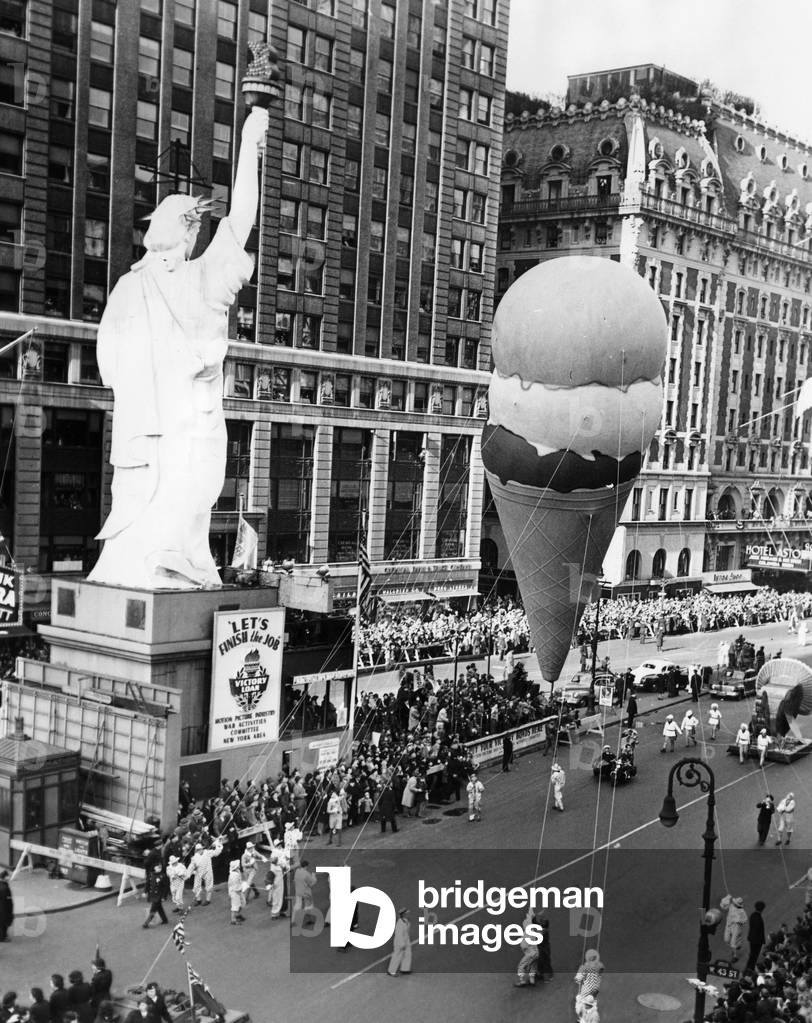 The Macy's Thanksgiving Day Parade returns after a wartime absence, Times Square, New York City, November 23, 1945