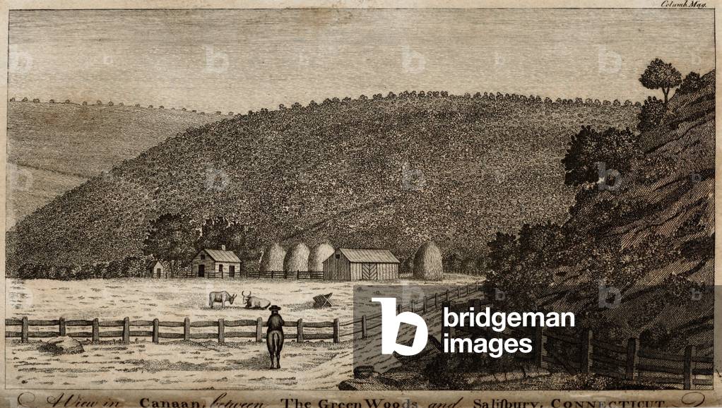 Connecticut country side in 1787. Engraving of Canaan between the Green Woods and Salisbury Connecticut. American produced engravings from this period are rare and often less polished than their European counterpart. From The Columbian Magazine