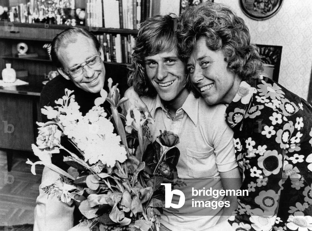 Bjorn Borg in Sweden with his parents, Rune and Margaretha, on his 18th birthday, 1974