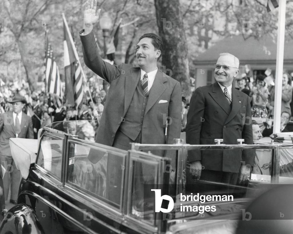 President Miguel Aleman of Mexico (left) with President Harry Truman. Aleman's was welcomed by a parade at the beginning of his state visit. Washington, D.C., April 29, 1947.