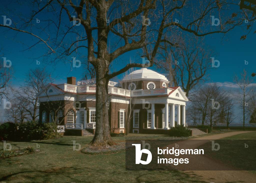 Monticello, the home built by Thomas Jefferson in the 1770s. West façade from the Northwest. 1978