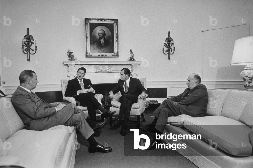 Oval Office meeting with California Governor Ronald Reagan and newly inaugurated President Nixon. L to R VP Spiro Agnew Ronald Reagan Richard Nixon John Mitchell. Jan 24 1969. Ronald Reagan Richard Nixon John Mitchell. Jan 24 1969. Ronald Reagan Richard Nixon John Mitchell. Jan 24 1969. Ronald Reagan Richard Nixon John Mitchell. Jan 24 1969