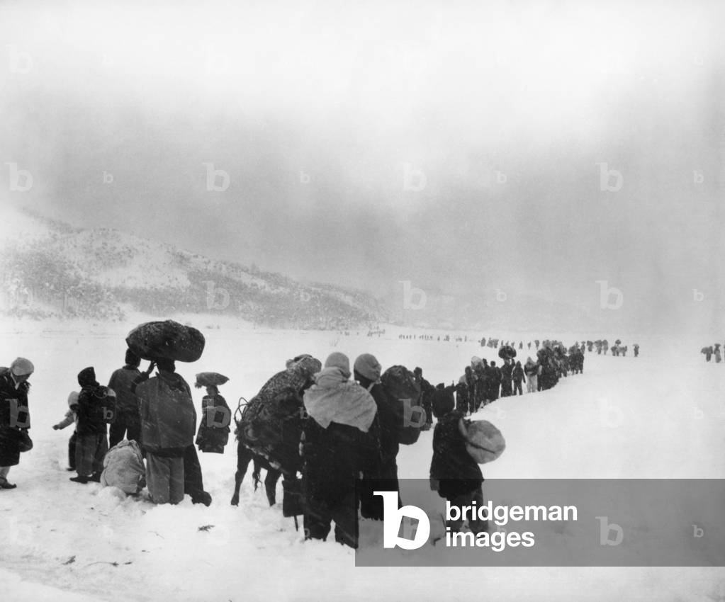 Korean refugees slog through snow outside of Kangnung (Gangneung), moving south with bundles of belongings. The South Korean Army was withdrawing south in the same area, with the North Korean/Chinese troops in pursuit. January 8, 1951. Korean War, 1950-53