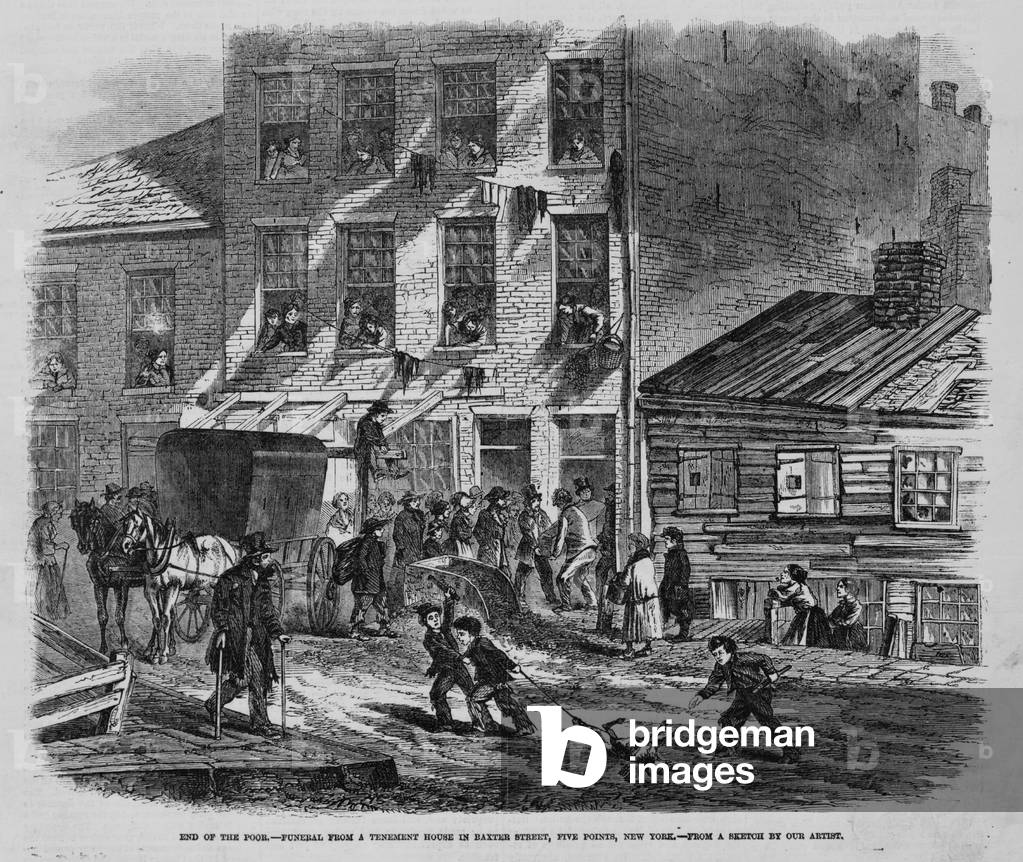 New York City. A group of people gathered outside tenement house watch men carry out a coffin; in the street, two boys drag a dog by one leg.n Baxter Street, Five Points. 1865