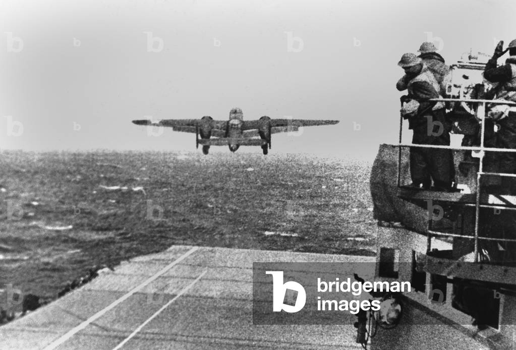 Doolittle Raid, April 18, 1942. An Army B-25 bomber takes off from the USS HORNET in first U.S. air raid on Japan lead by General James Doolittle during World War 2