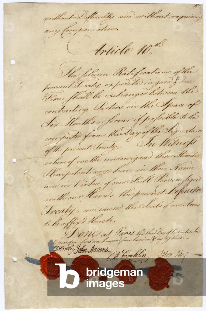 Second page of Treaty of Paris 1783. At the bottom next to red wax seals are the signatures of John Adams Benjamin Franklin and John Jay of the United States and David Hartley a member of British Parliament. Confederation on January 14 1784