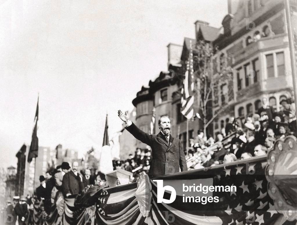 New York Governor Charles Evans Hughes dedicating the Sigel monument in Riverside Park, NYC. Oct. 23, 1907. 100,000 attended the ceremony at the equestrian statue of German-American military officer, educator, and journalist, Franz Sigel, by sculptor Karl Bitter