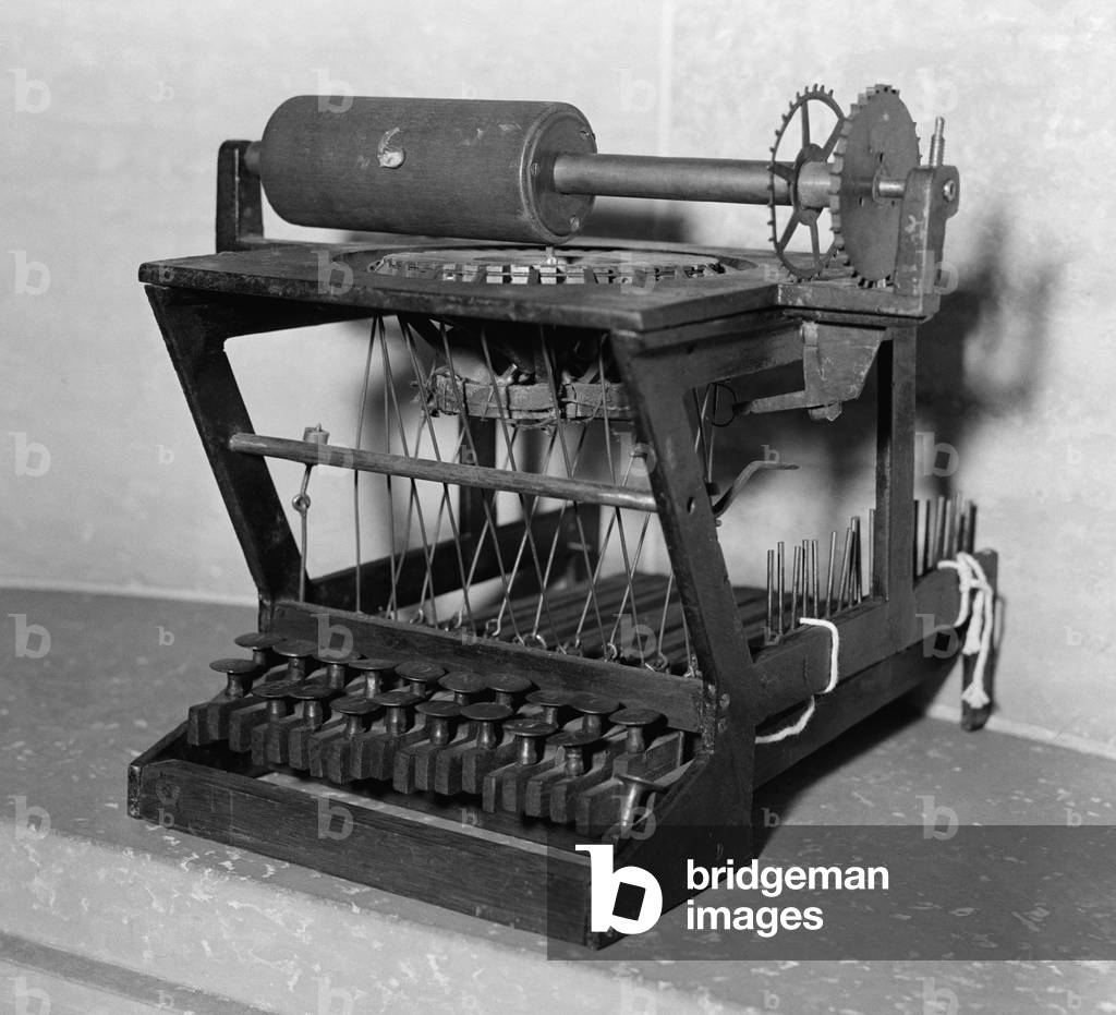 Early model of a Scoles and Glidden typewriter, with 18 keys. c. 1870