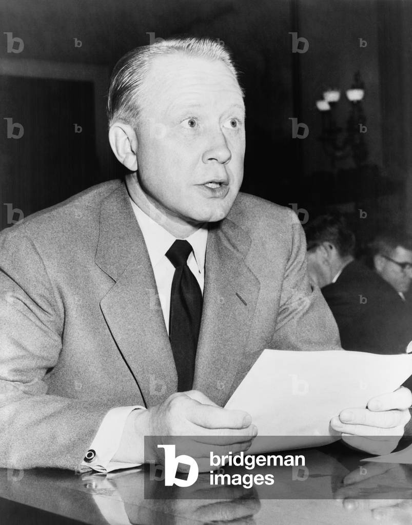Frank Stanton (1908-2006), President of CBS, speaking at a meeting of radio and television news directing in New York. October 16, 1959