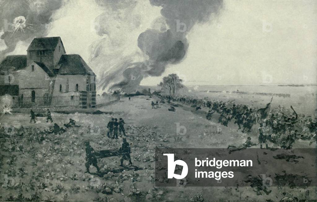 World War 1. French and German troops fight on the height above Lenharee, before the Battle of the Marne. German troops were advancing south, where they were repelled by the armies of France and Britain, and forced to retreat over Lenharee. 1914