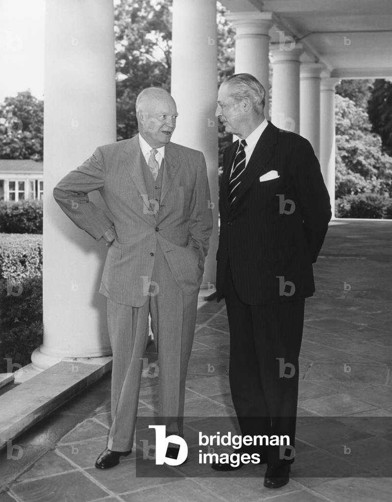 President Eisenhower with British Prime Minister Harold Macmillan on the West Wing Portico. June 9, 1958.