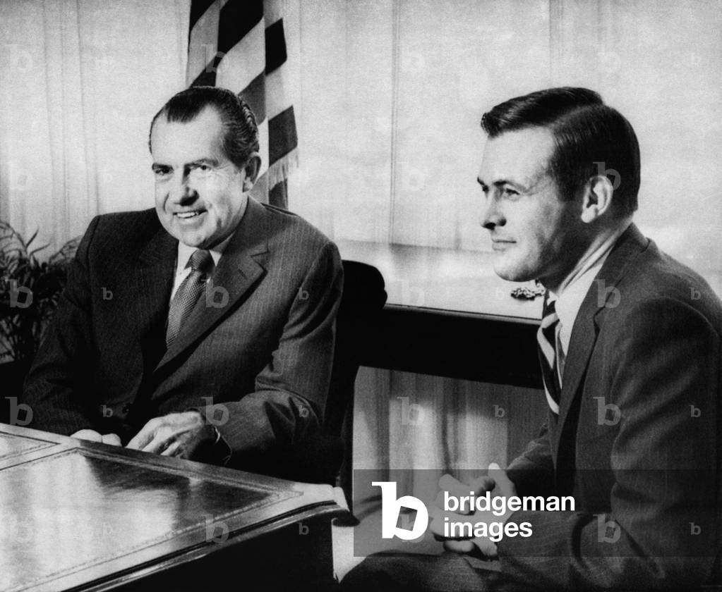 1969 US Presidency, Cabinet. US President Richard Nixon meets with Director of the Office of Economic Opportunity (and future Secretary of Defense) Donald Rumsfeld, San Clemente, California, 1969