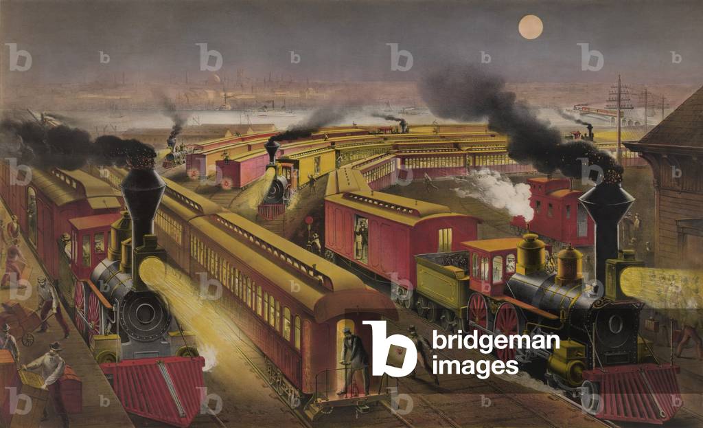 Night scene at an American railway junction in 1876. Three trains the Lightning Express Flying Mail and Owl Trains are in the multi-track station. LC-DIG-pga-00843