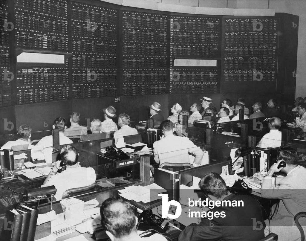 Big board in Merrill Lynch, Pierce, Fenner & Beane's office at 148 Pierrepont Street in Brooklyn. Stockholders and brokers keep current without commuting into Wall Street in Manhattan. July 1956