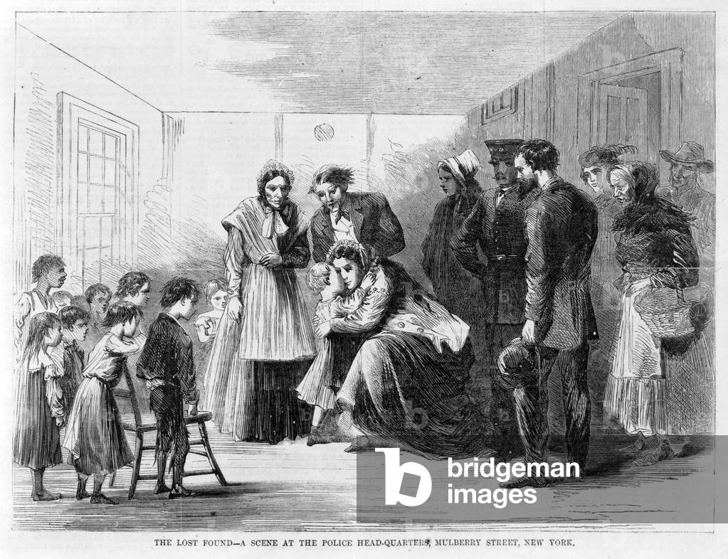 New York City. A mother is reunited with her child at the police head-quarters, Mulberry Street, New York . 1866