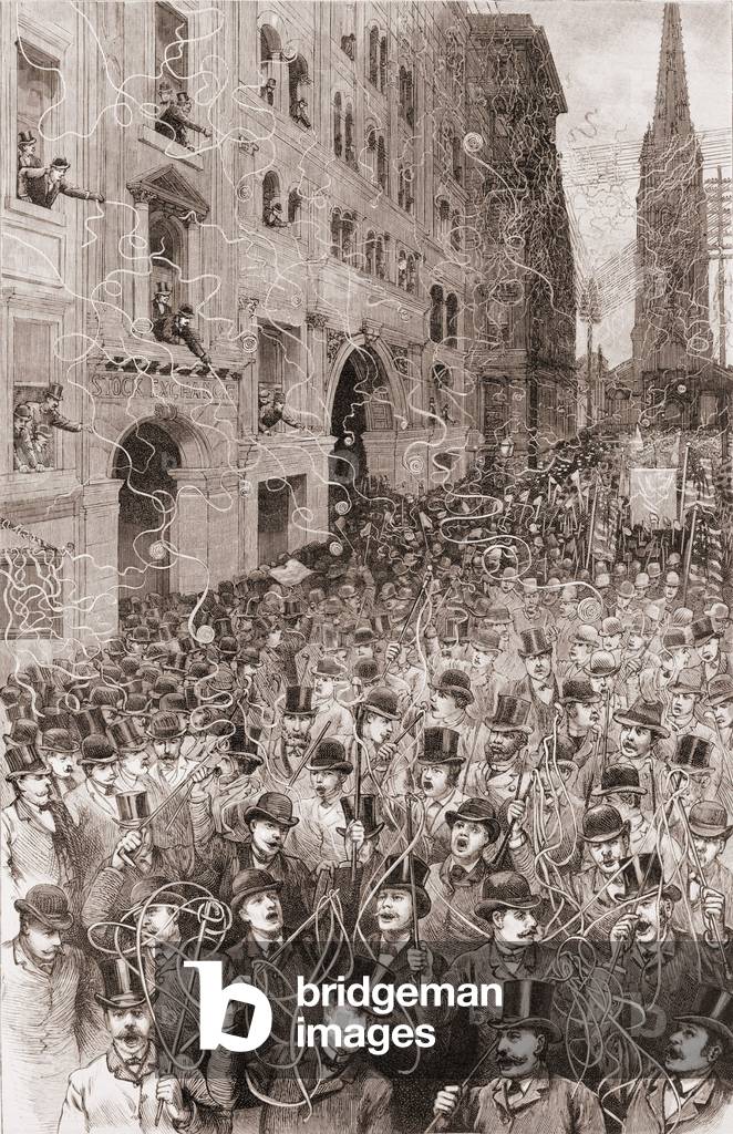 An avalanche of telegraphic tape falls on New York's Wall Street during the 1888 presidential election campaign parade.