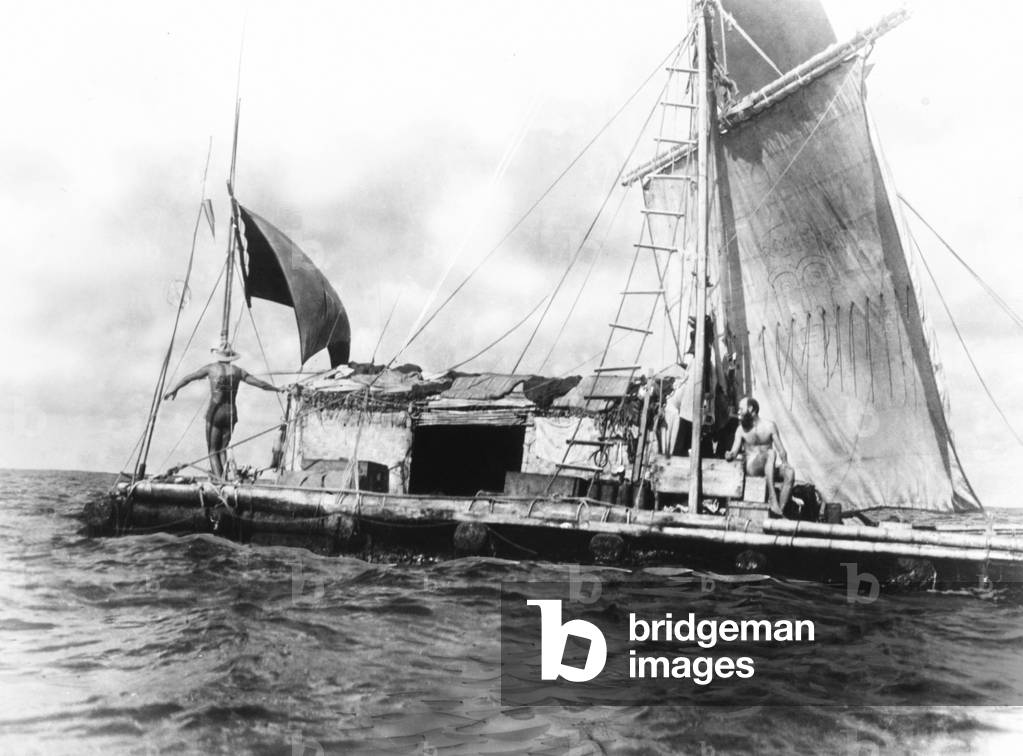 Norwegian Thor Heyerdahl's balsa raft, 'Kon Tiki', on the Pacific Ocean in 1947. The explorer was on his 'drifting expedition' from Peru to Polynesia to demonstrate the possibility of such a voyage in earlier times