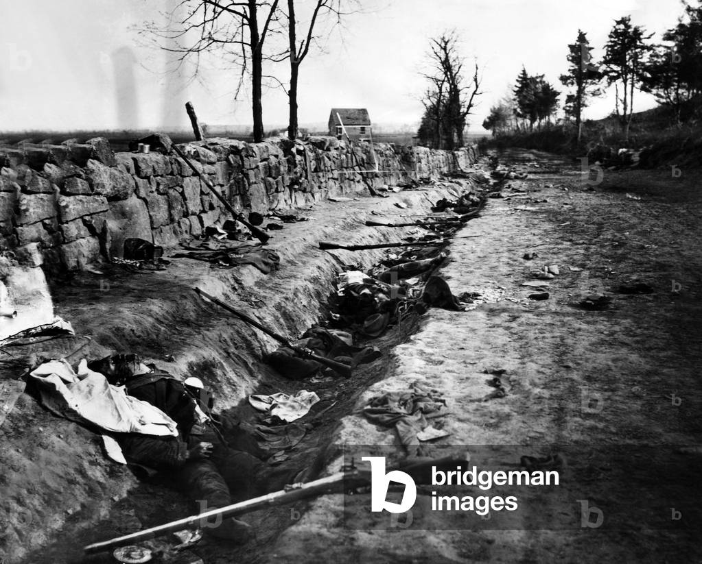 Confederate dead behind the stone wall of Marye's Heights, Fredericksburg, Virginia, killed during the Battle of Chancellorsville, 1863.