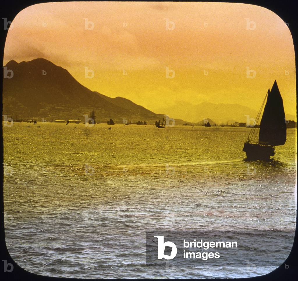 China, distant view from harbor approach, Hong Kong, hand colored lantern slide, photograph by William Henry Jackson, 1895