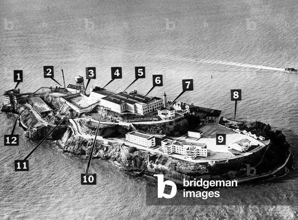 Alcatraz Island, principal buildings and locations, c.1946 (b/w photo)