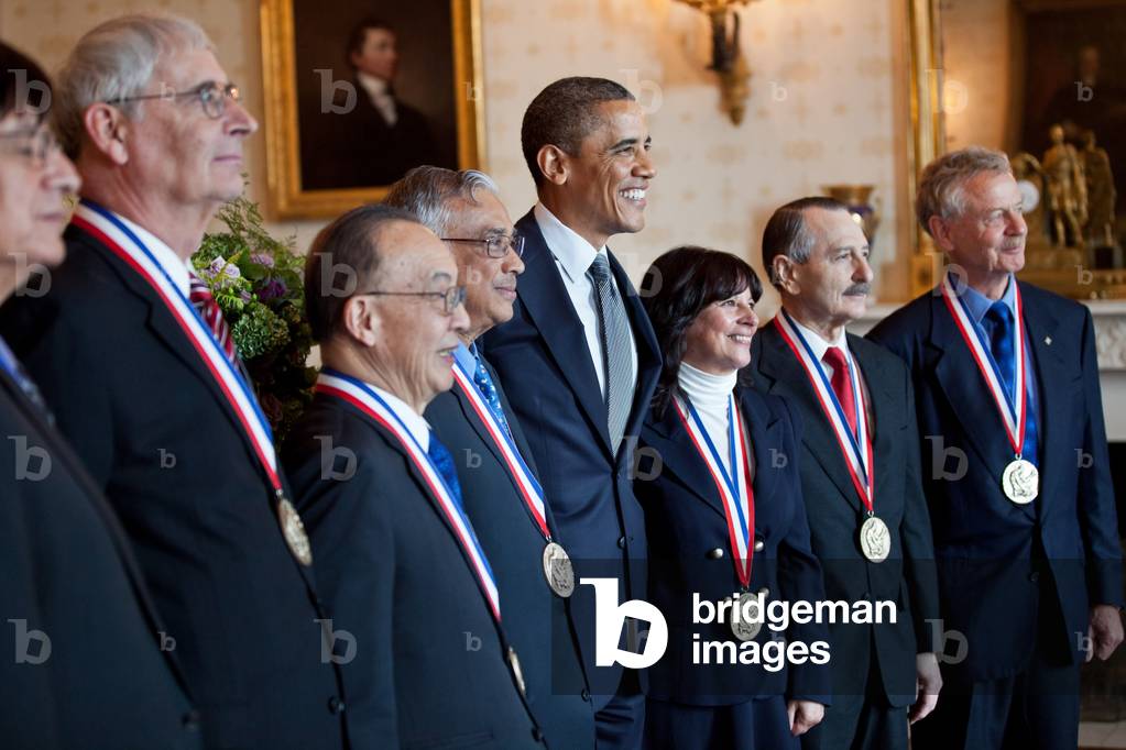 President Barack Obama stands with 2010 National Medal of Science recipients. From left, are: Dr. Richard A. Tapia; Dr. Peter J. Stang; Dr. Shu Chien; Dr. Srinivasa S.R. Varadhan; The President; Dr. Jacqueline K. Barton; Dr. Ralph L. Brinster; and Dr. Rudolf Jaenisch. Blue Room of the White House, Oct. 21, 2011
