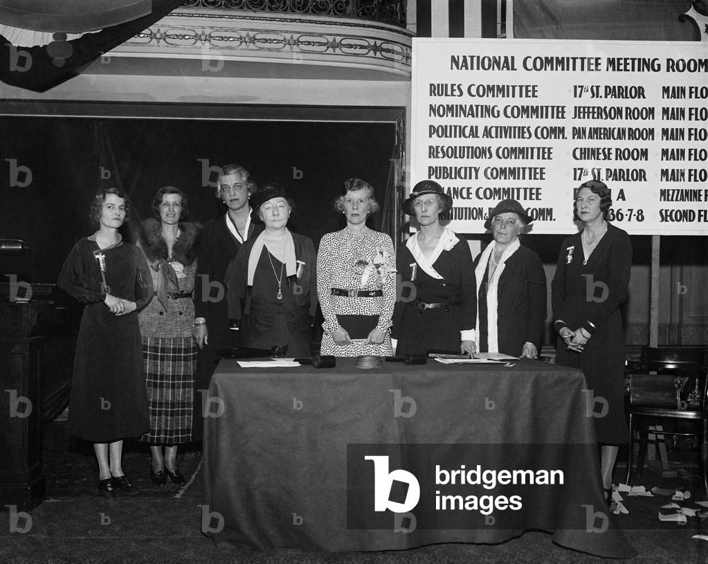 Society women against Prohibition, April 1932. Second from left is Mrs. Archibald B. Roosevelt, and second from right is Mrs. Pierre S. DuPont