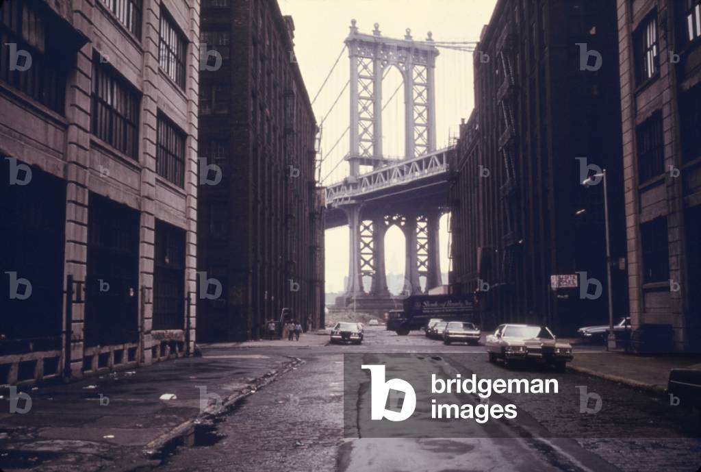 Classic view of the Manhattan Bridge Tower in Brooklyn. June 1974