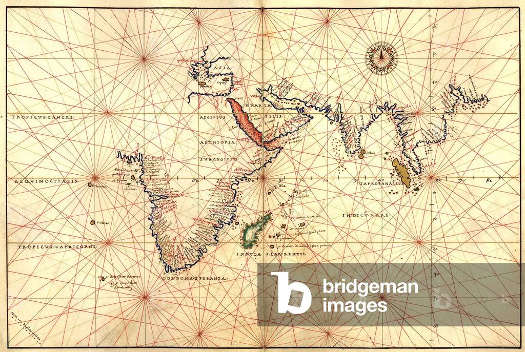 1544 nautical map of the Indian Ocean showing Africa, South Asia, the East Indies, India and Australia. Australia is identified as Terra Incognito, or unknown land