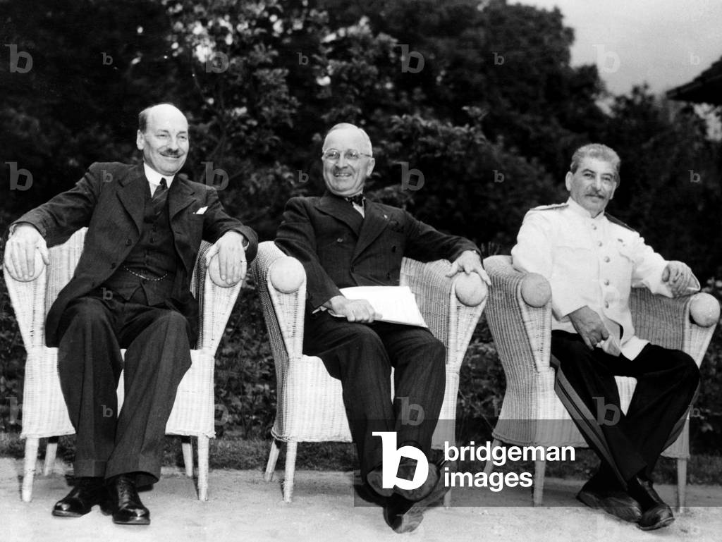 The Potsdam Conference: British Prime Minister Clement Attlee, U.S. President Harry S. Truman, Soviet General Secretary Joseph Stalin, Potsdam, Germany, August 1, 1945