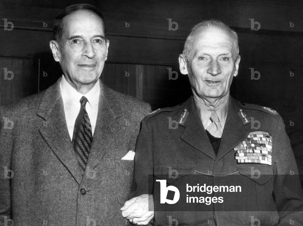 Former General Douglas MacArthur, Field Marshal Bernard Law Montgomery, 1st Viscount Montgomery of Alamein, meeting at MacArthur's Waldorf Astoria Hotel apartment suite, New York, c. 1950's.