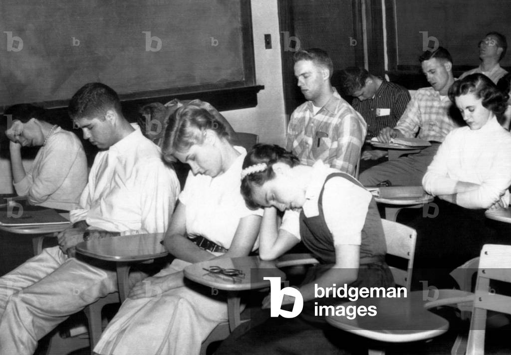 Dr. David Briggs' class in metal hygiene relaxes under hypnosis at Maryville Tennesee College, 1959.