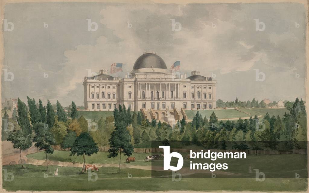 United States Capitol Building in 1828, showing the west front with cows grazing in the foreground. Watercolor painting John Rubens Smith