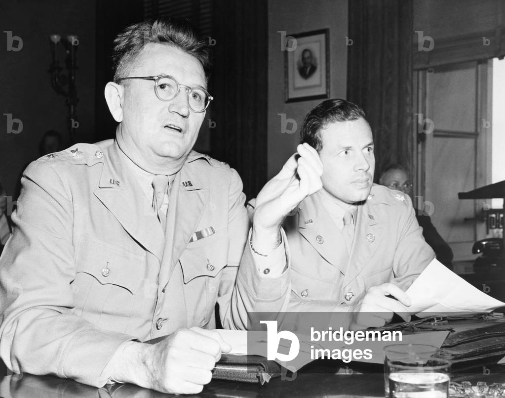 Selective Service officers testify to House Agricultural Committee about shortage of farm workers. Sept. 25, 1942. Major-General Lewis Hershey (left), Dir. Of the Selective Service and Lieut. Col. Francis V. Keesling, legislative officer of the Selective Service