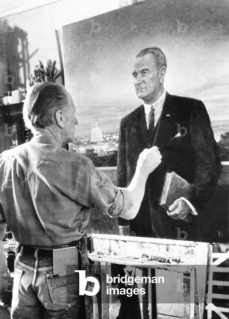 Artist Peter Hurd finishing the official White House portrait of President Lyndon Johnson. Jan. 27, 1966. The painting commissioned by the White House Historical Association was rejects by LBJ, as 'the ugliest thing I ever saw.' It is now in the National Portrait Gallery