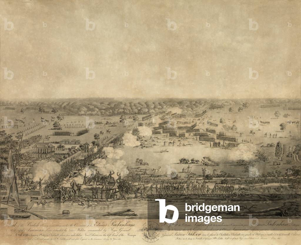 Battle of New Orleans. The British were under General Edward Pakenham and the Americans under Major General Andrew Jackson with Mississippi River in foreground. The image was drawn on the field of battle by Philibert-Louis Debucourt