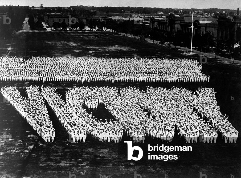 Victory' spelled by men in training at Great Lakes Naval Training Station, Great Lakes, Ill. World War I. c. 1917-18