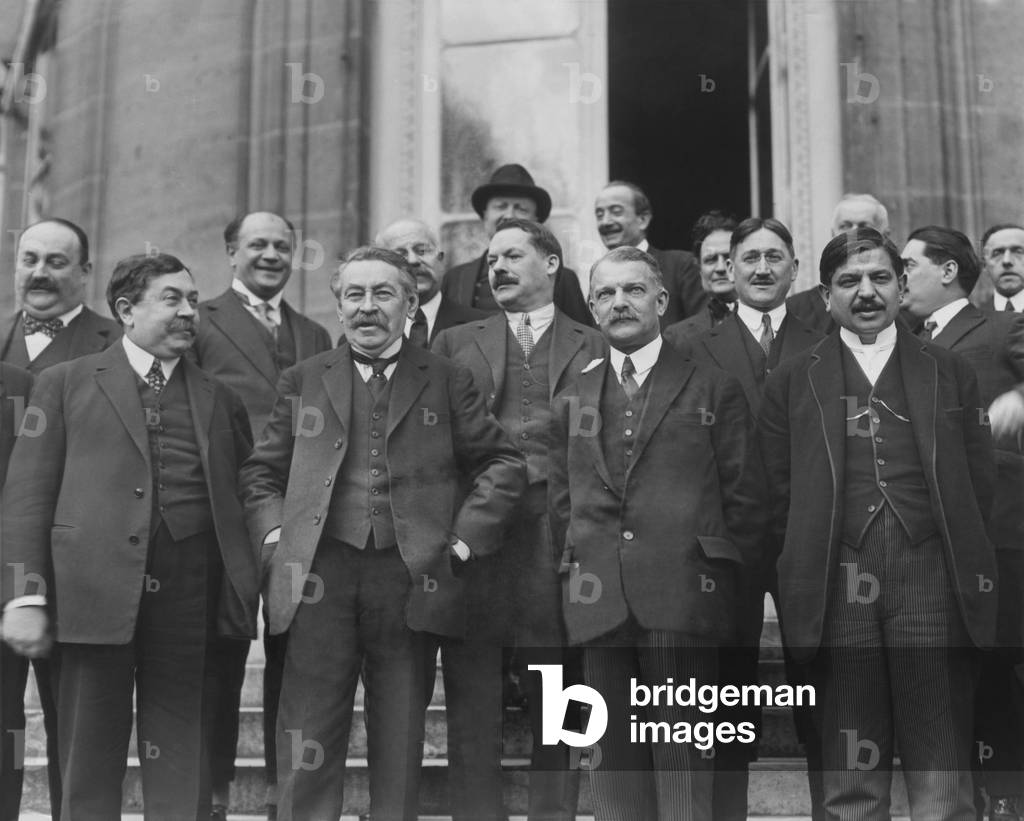 The ninth cabinet of formed in France by Aristide Briand, during the French Third Republic. March 31, 1926. Front Row, L-R: Paul Painleve, Minister of War; Aristide Briand, President of the Cabinet and Minister of Foreign Affairs; Raoul Perut, Minister of Finances; and Pierre Laval, Minister of Justice