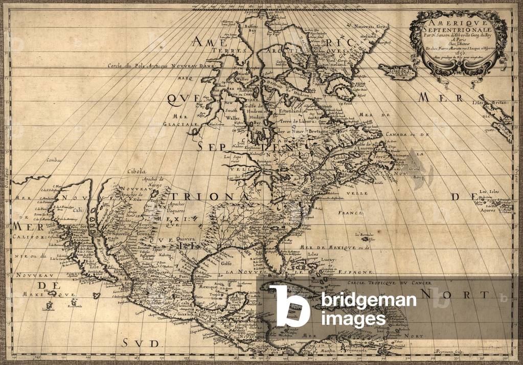 Map of North America continent showing extent of exploration in 1650. California is shown as an Island and the Pacific Northwest and Alaska are unknown