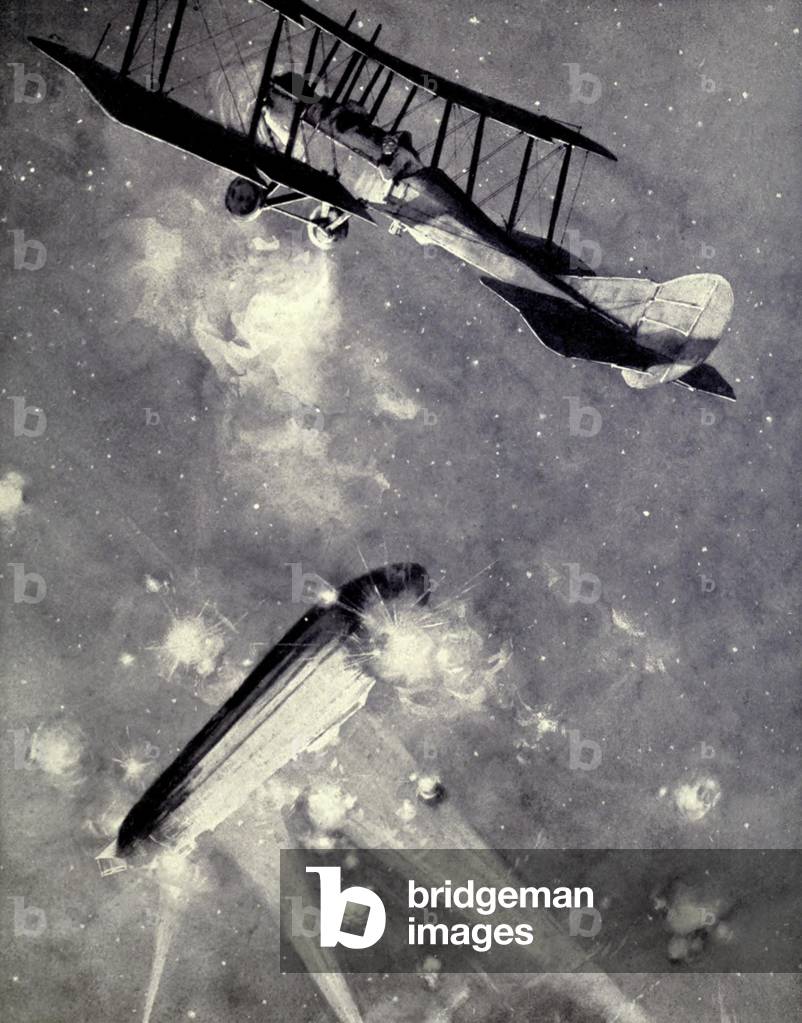 Lt. A. De Bathe Brandon attacking Zeppelin raiders over England on March 31, 1916. The New Zealand pilot Brandon was awarded the Military Cross for the action. The Zeppelin L-15 was brought down by a combination of ground and air attacks