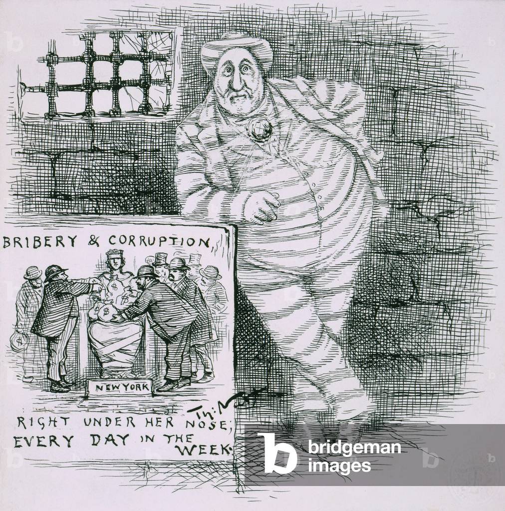 Thomas Nast reprised his favorite subject, Boss Tweed, eight years after his death in prison. As a diamond studded convict, Tweed's spirit of corruption still dominated New York City politics. 1886 cartoon