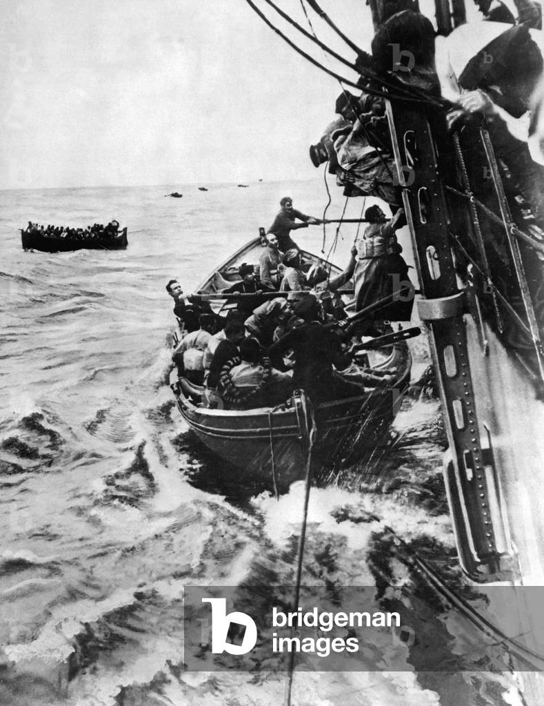 Rescued military passengers from the French Liner Sontay, sunk by a World War I German submarine on April 16, 1918. It was sailing from Salonika to Marseilles with 425 soldiers, sunk in 6 minutes, 100 miles southeast of Malta. 49 went down with the ship