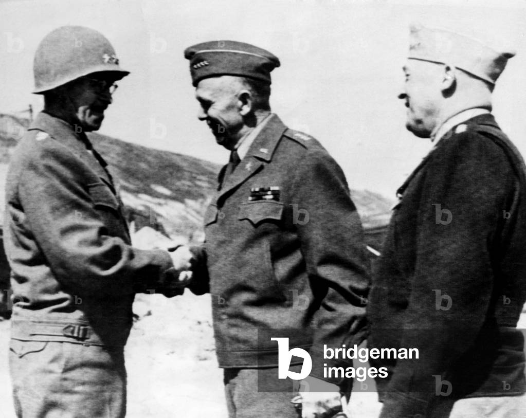 U.S. Army Field Commander General Omar Bradley, General George C. Marshall, Air Force chief General Henry Arnold, France, 1944.