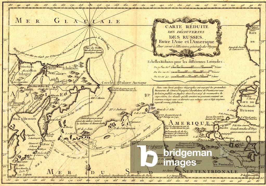 1747 map showing Alaska as a Russian territory. Russian 18th century eastward expansion extended beyond Siberia to North America