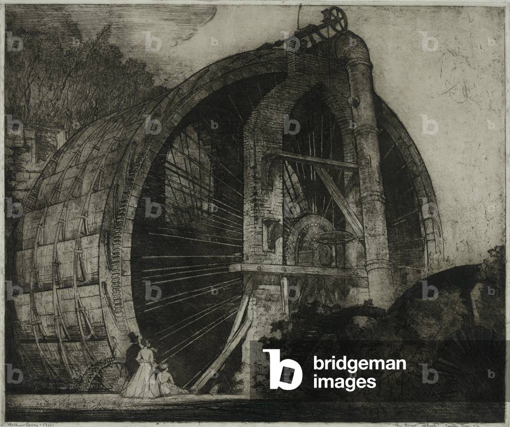 The world's largest water wheel powered Henry Burden's iron plant on the Wynantskill River in South Troy, New York. Built in 1851, it was 60 feet in diameter and 22 feet wide, is credited with inspiring the first Ferris Wheel. Etching by Arthur Covey (1877-1960)